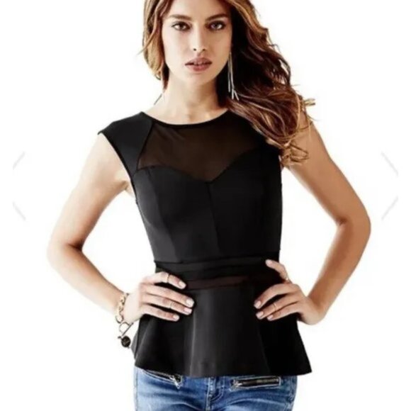 GUESS illusion Mesh cutout peplum black blouse top M, zip up back - Picture 3 of 8